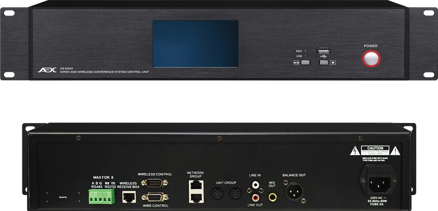 AEX CS-900M conference central control unit, front and rear panels