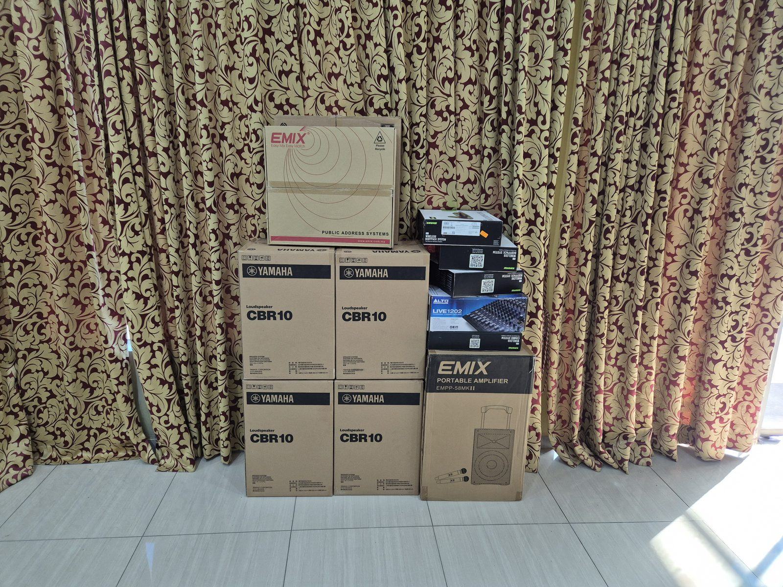 Loudspeakers, amplifier and wireless microphone systems prepared for delivery