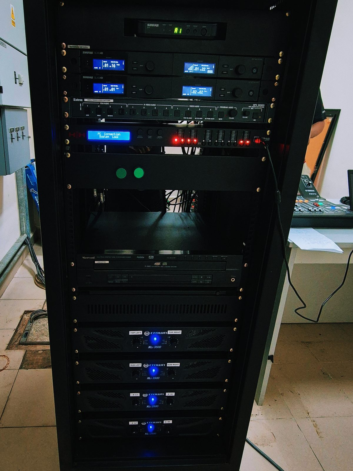 Equipment rack with amplifiers and digital signal processing installed at KDN Langkawi