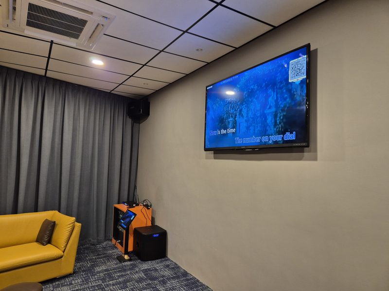 Lounge seating area with a large wall-mounted display, subwoofer and mobile entertainment unit