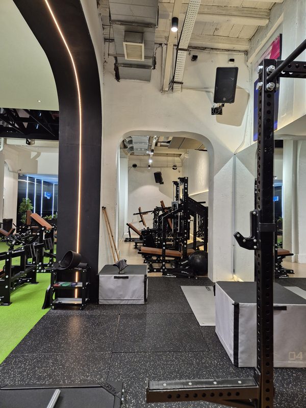 Loudspeakers positioned through the training area to give even coverage across the gym floor
